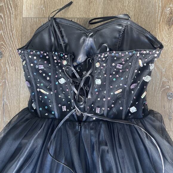 Blondie Niles Sz 9 Corset Gem Mesh Black Maxi Dress Event Sleeveless Romantic - Picture 11 of 16